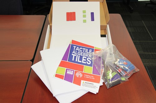 Images shows the contents of the APH Tactile Algebra Tiles Kit. Several tiles are placed on one of the boards.