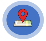 Orientation and mobility logo showing a red pin on a digital map