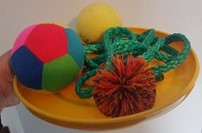 A frisbee held as a tray containing a rope and various balls