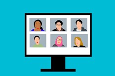 Cartoon image of a computer monitor showing a videoconferencing grid with attendee faces